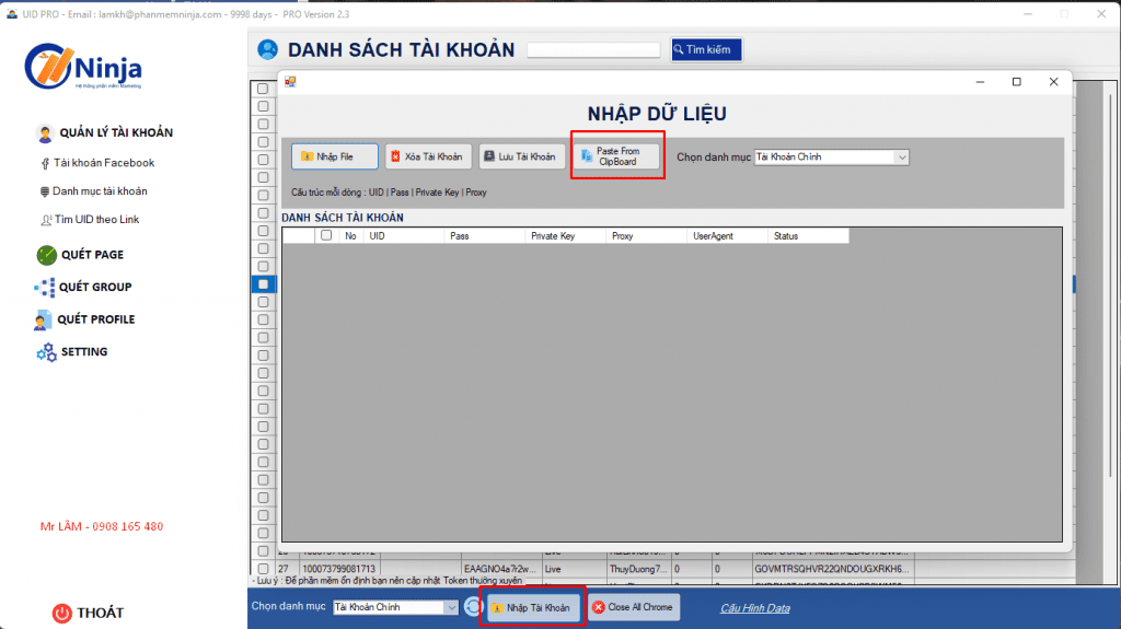 Nhập tài khoản uid pro client