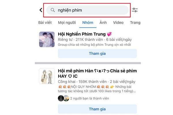 Tìm kiếm group muốn tham gia