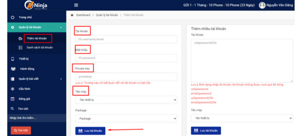 Thêm tài khoản vào phần mềm Ninja Phone