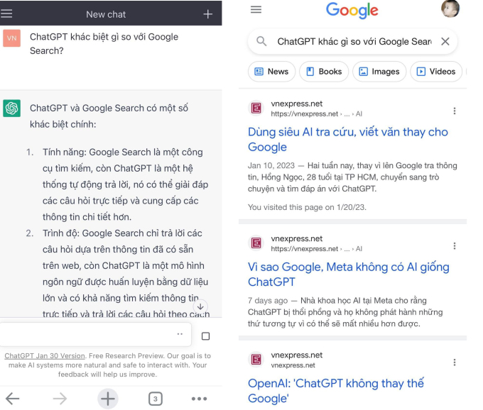 ChatGPT vs Google - Sự khác biệt