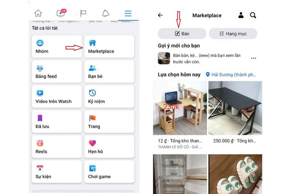 Chọn marketplace và chọn mục "Bán"