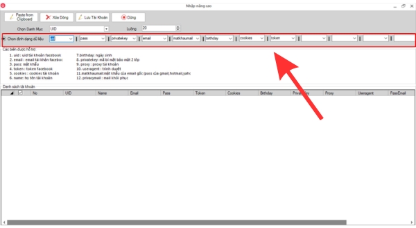 Adjust the "Select data format" (Chọn định dạng dữ liệu) field to match the format