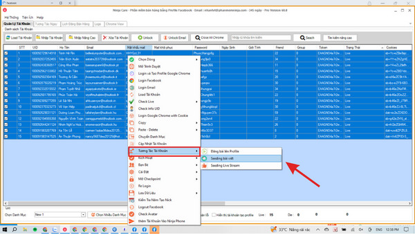 Then right-click and choose "Account Interactions" (Tương tác tài khoản)