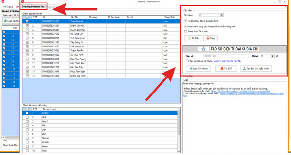 Chọ tab Seeding Livestream Pro => Thiết lập cấu hình phù hợp nhu cầu