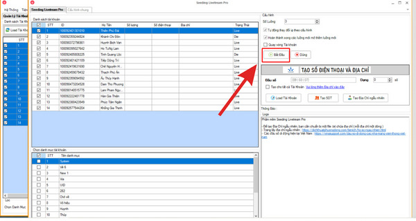 bấm vào BẮT ĐẦU để hệ thống sẽ chạy seeding livestream