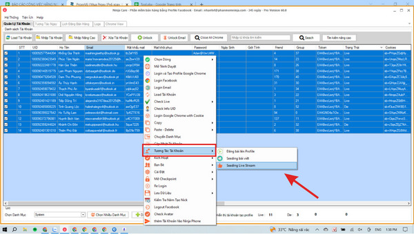 Then right-click and choose "Account Interactions" (Tương tác tài khoản)