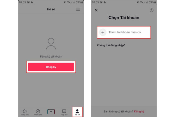 Bấm vào Đăng ký => Thêm tài khoản hiện có