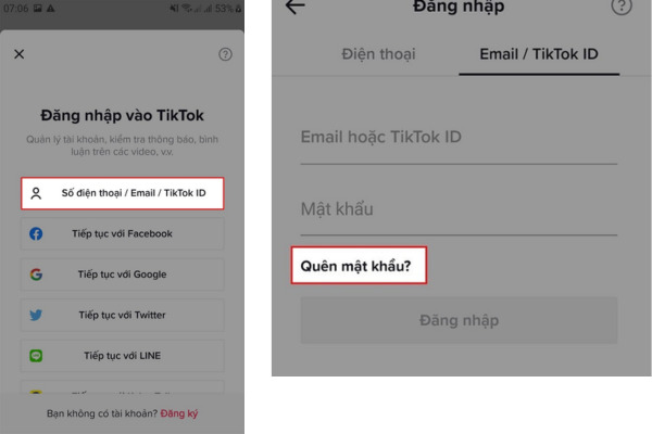 Bấm đăng nhập bằng Số điện thoại/Email/Tiktok ID => Bấm Quên mật khẩu