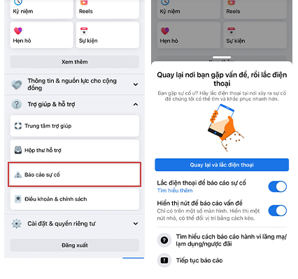 “Báo cáo sự cố” là cách mở chặn đăng bài trên facebook trực tiếp