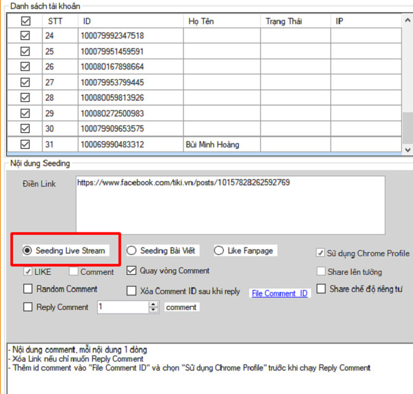 Tùy chọn seeding