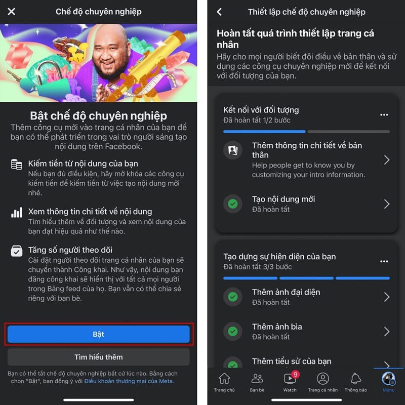 Bước 2: xác nhận cách bật chế độ chuyên nghiệp trên fb