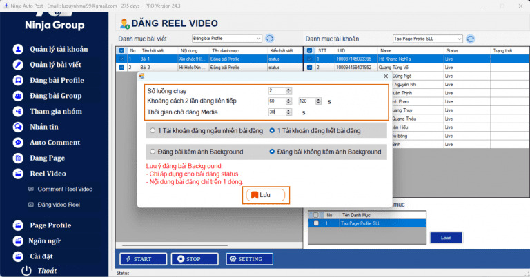 Cài đặt thông số chạy tool đăng reels facebook