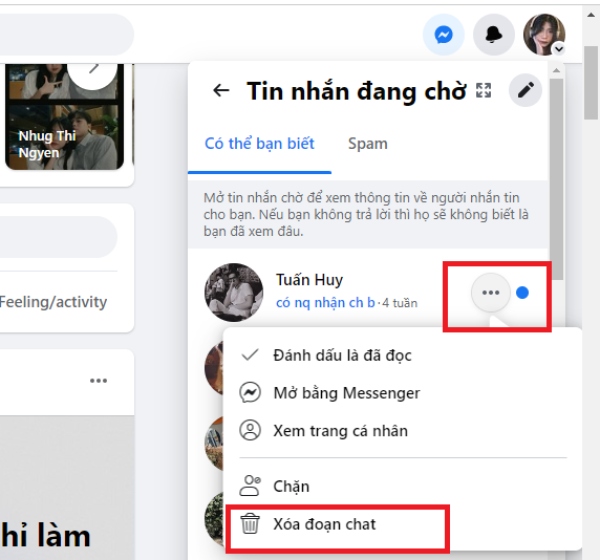 Di chuột vào phần tin nhắn muốn xóa bỏ và click vào biểu tượng dấu ba chấm