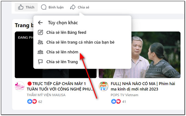 Chọn Chia sẻ lên nhóm nếu muốn chia sẻ livestream vào nhóm facebook