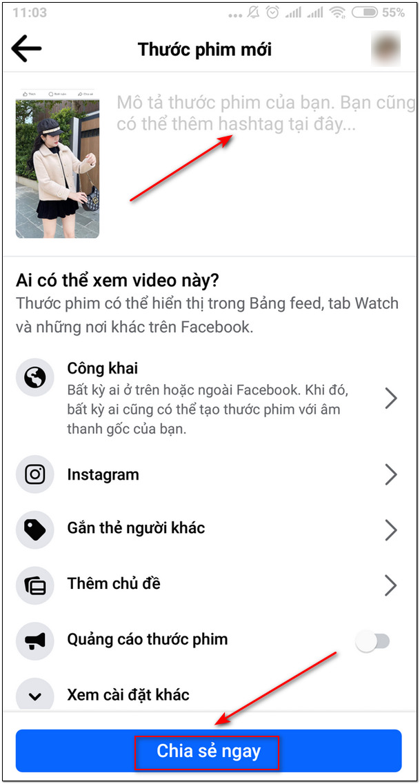 Chọn Chia sẻ ngay để đăng video reels