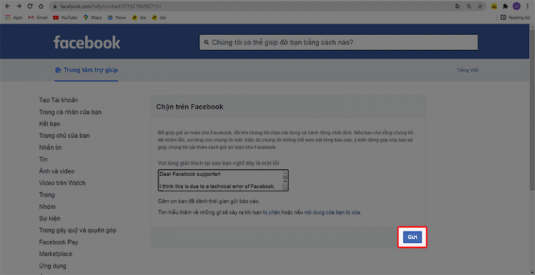 Nhấn Gửi để gửi báo cáo tới đội ngũ hỗ trợ facebook