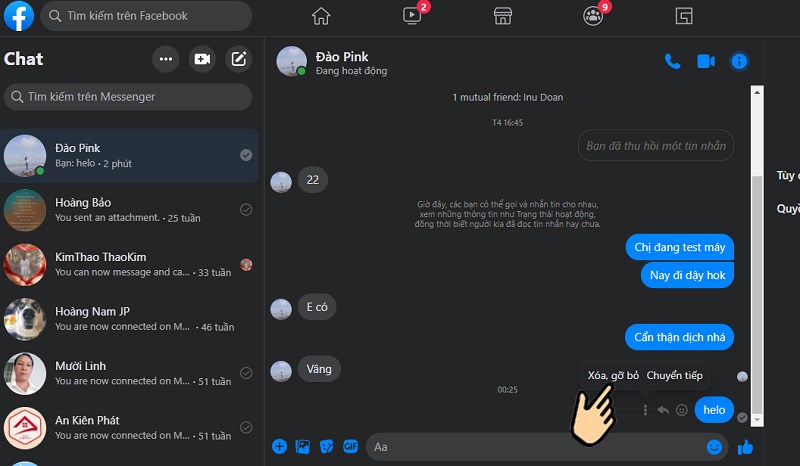 thu hồi tin nhắn trên messenger có thông báo không