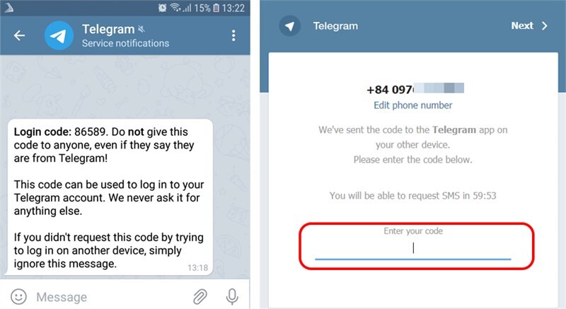 Cách lấy mã xác nhận Telegram từ ứng dụng Telegram