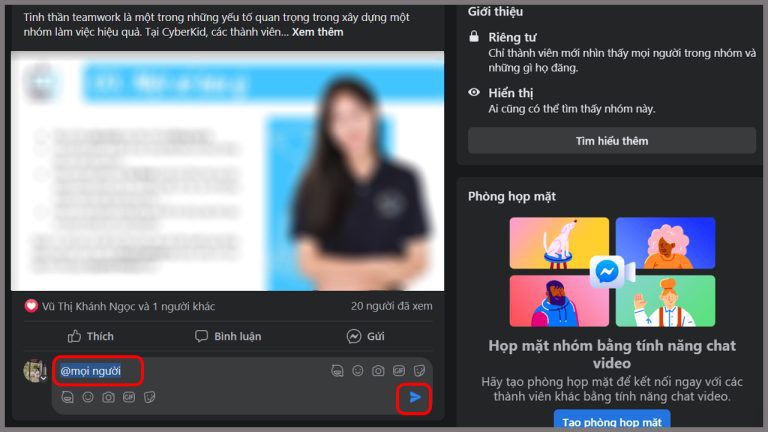 Nhập “@mọi người” và click chọn @mọi người khi bảng tùy chọn hiện lên