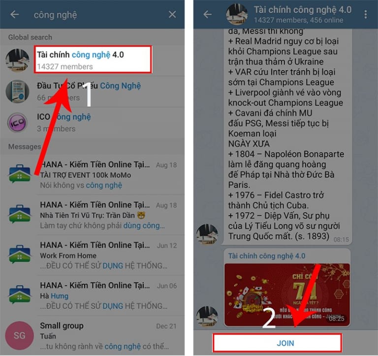 cách vào lại nhóm đã rời trên telegram