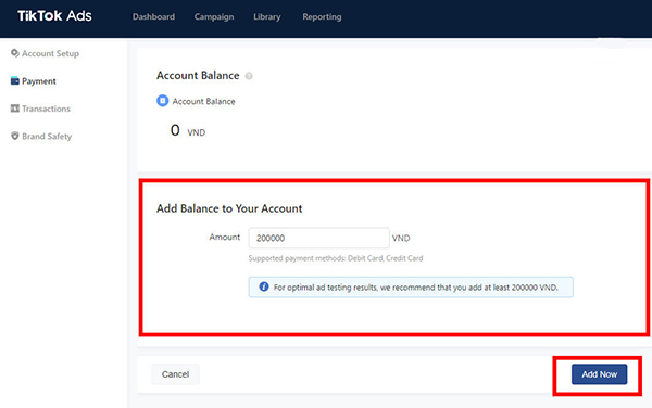 Nhập số tiền muốn nạp quảng cáo trên tiktok