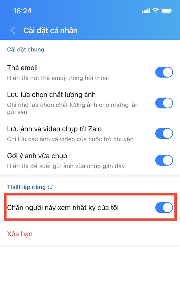 Chặn người khác đối phương xem nhật ký