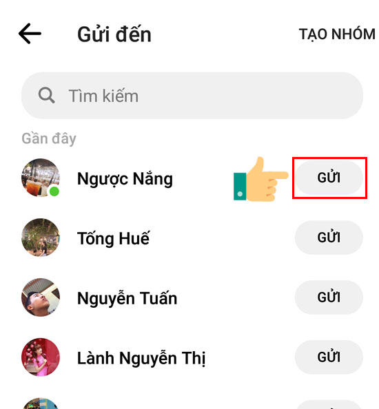 chọn người nhận và nhấn "Gửi"