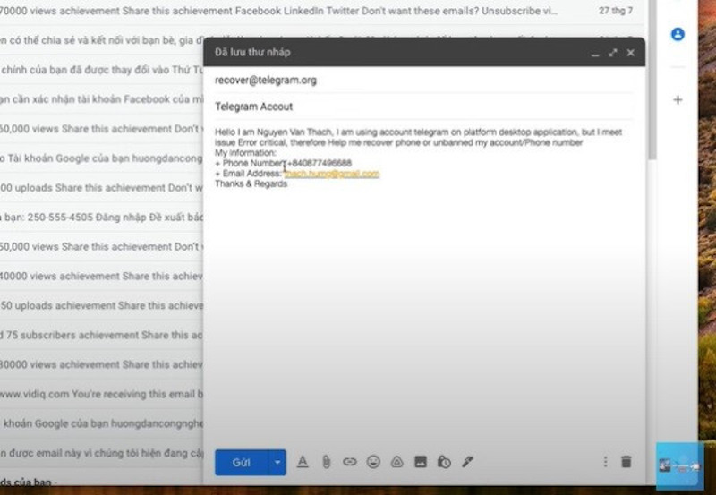 Gửi mail lấy lại tài khoản telegram bị banned