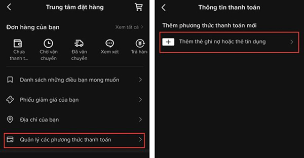 Chọn Thêm thẻ tín dụng/ Thẻ ghi nợ