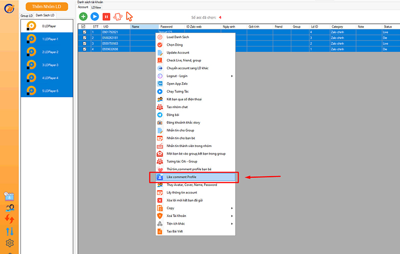 Chọn Like Comment Profile