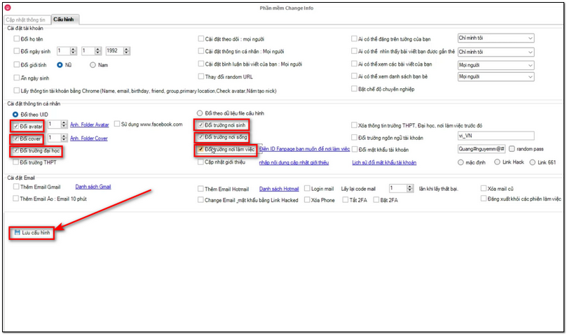 Cài đặt thông tin cần thay đổi