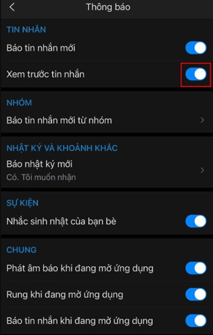 tin nhắn zalo không hiển thị trên màn hình