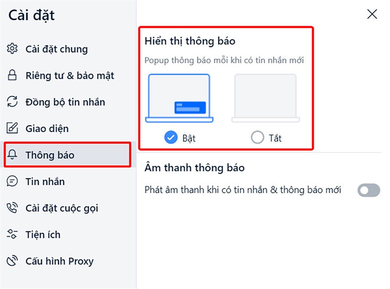 Chọn chức năng “Bật” tin nhắn zalo