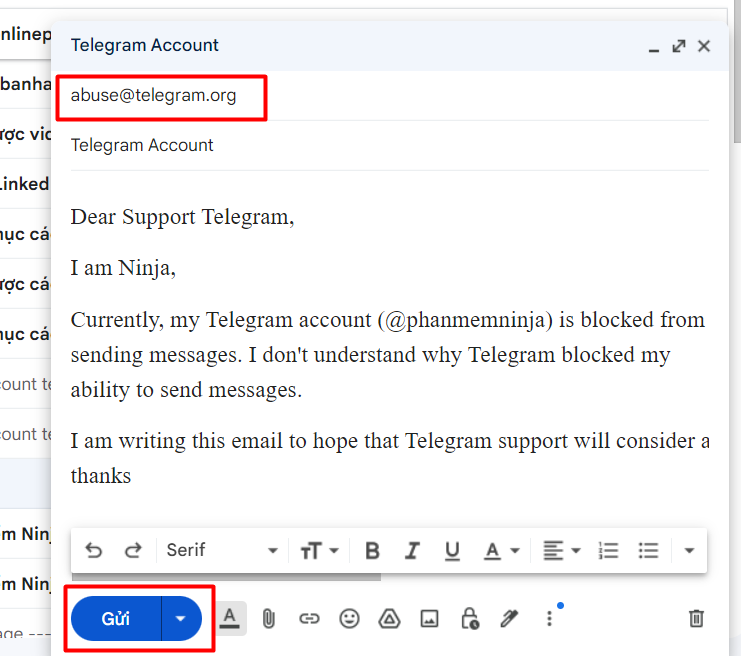 Mẫu nội dung gửi bộ phận hỗ trợ Telegram