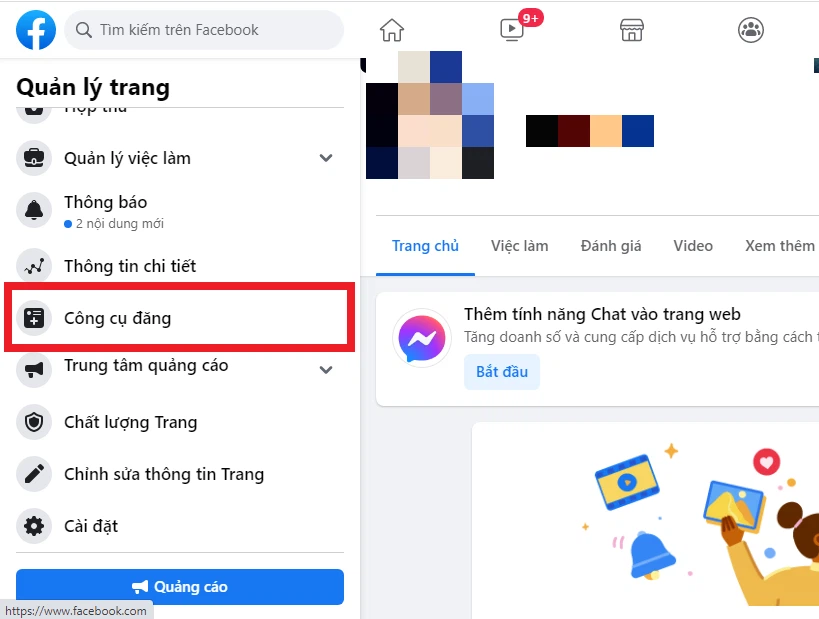 Chọn công cụ đăng ở thanh menu facebook