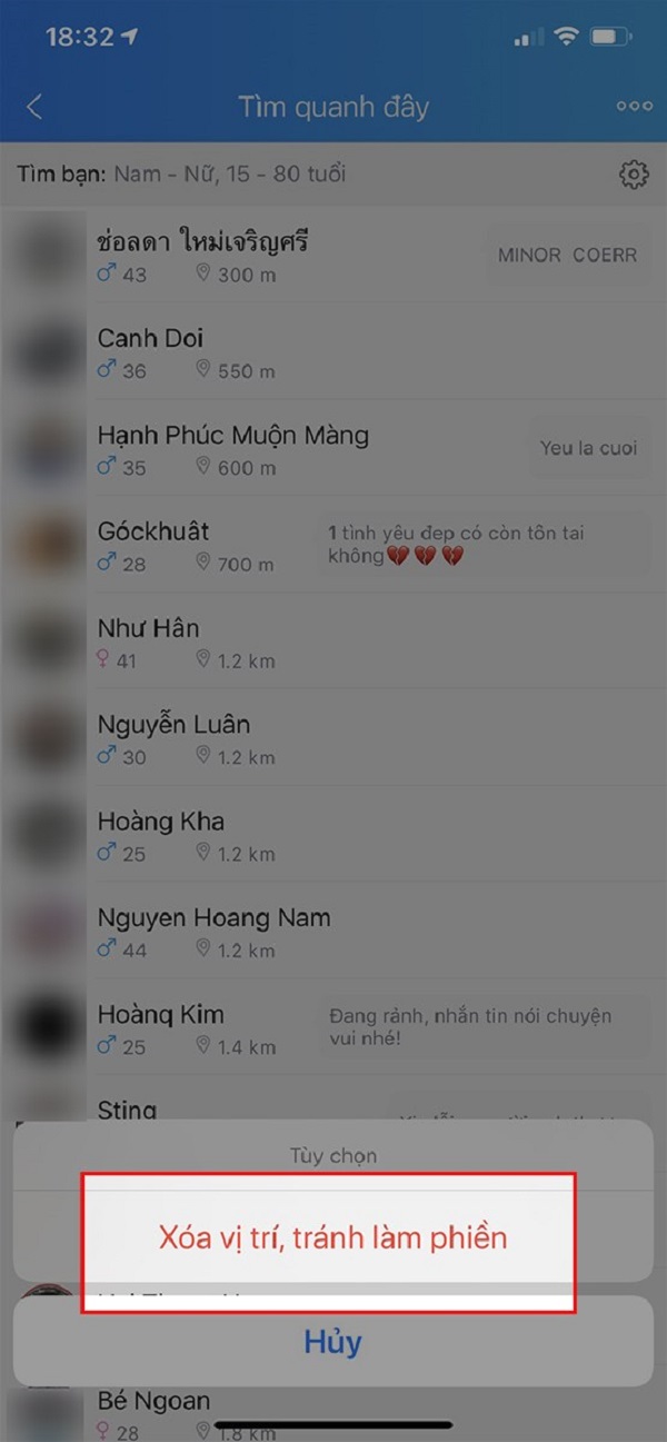 Xóa vị trí, tránh làm phiền